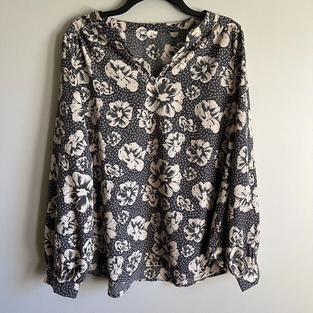 JODIFL Boho Top Blouse Women's L Floral Gray Cream Lightweight Flowy